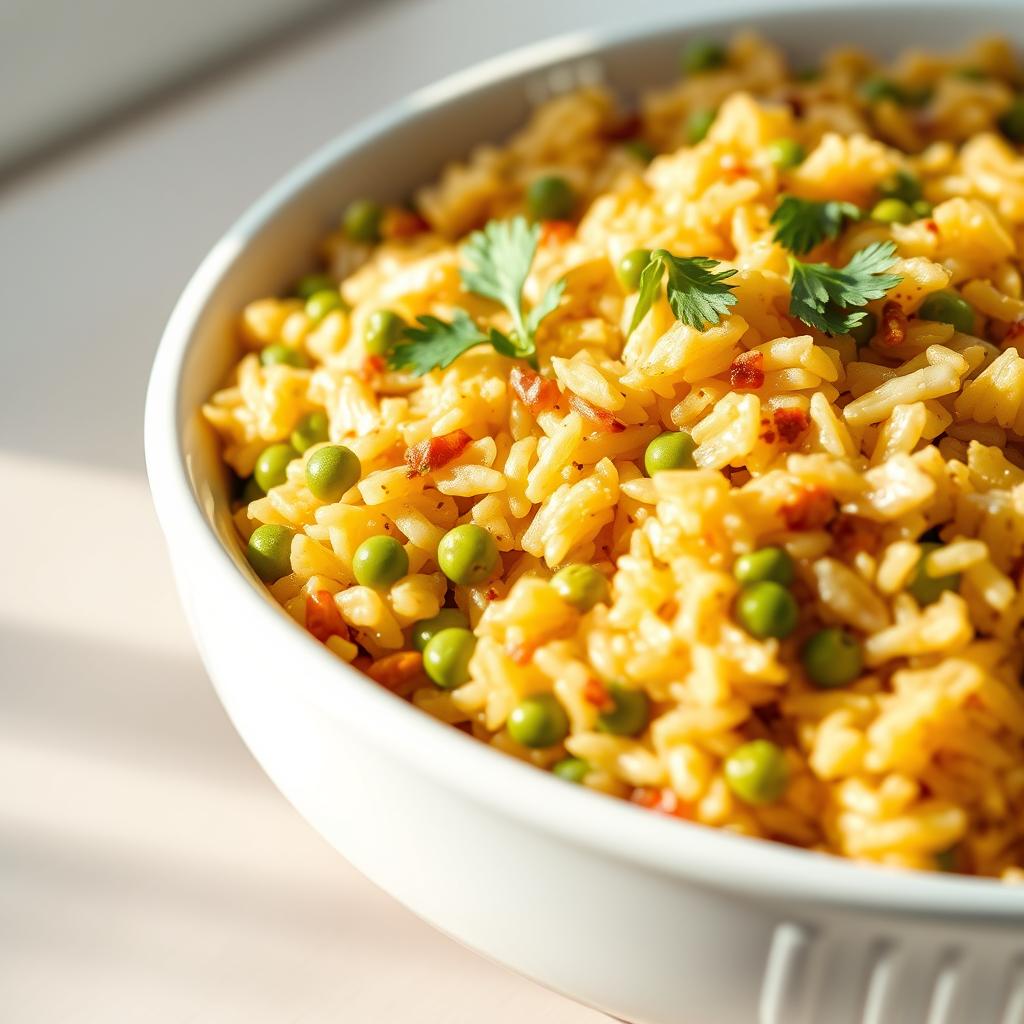 A delicious serving of moro de guandules (pigeon pea rice) displayed in a pristine white dish