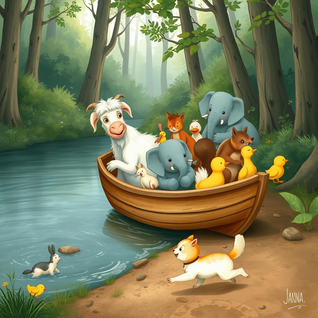 In a lush forest setting, an elderly white goat with a sagely expression is parked in a small wooden boat at the riverbank