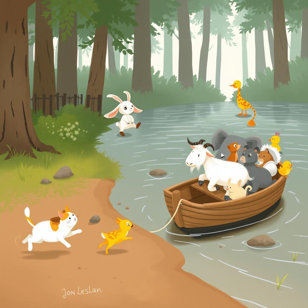 In a serene forest setting, a wise old white goat is leisurely docked in a small wooden boat at the edge of the riverbank