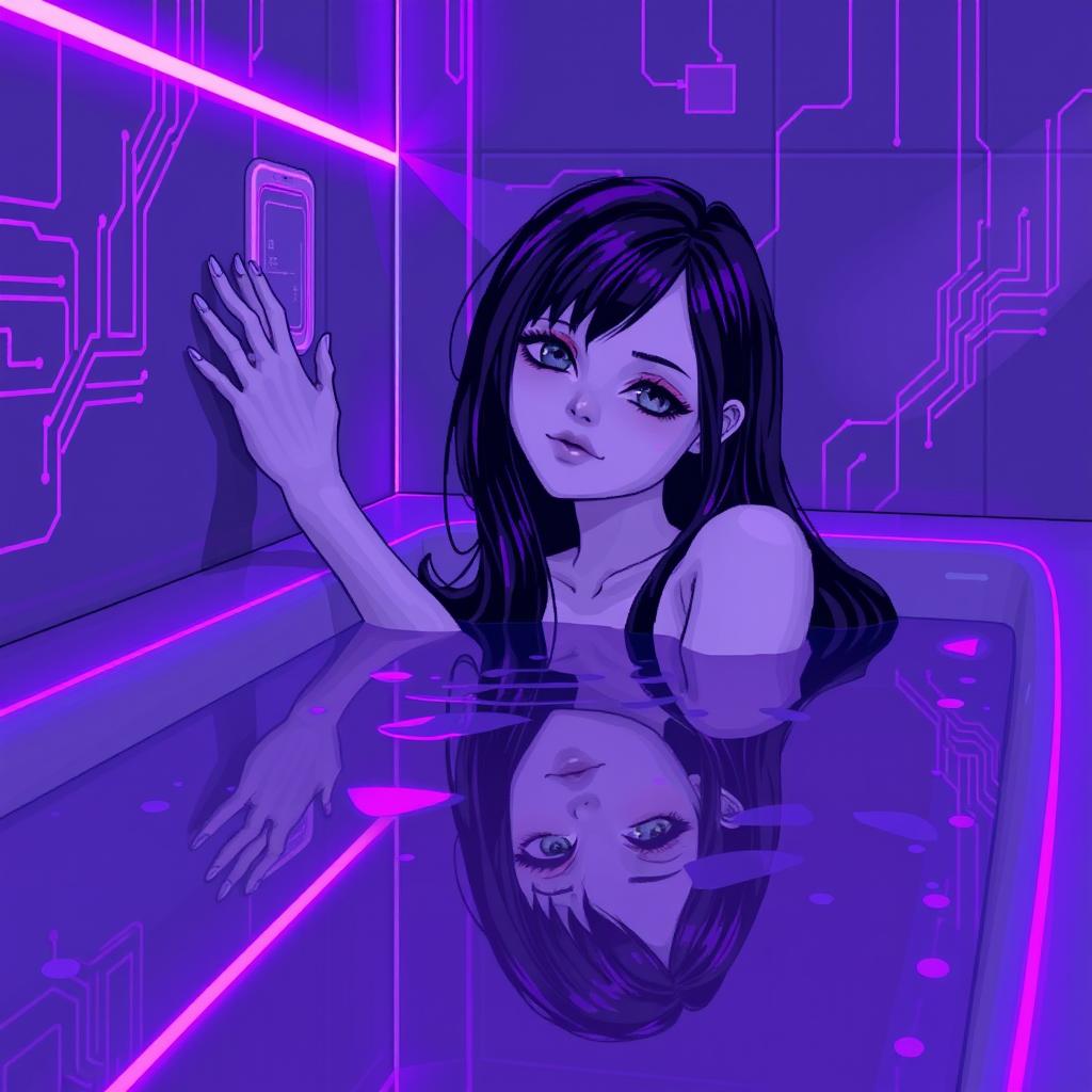 In a 64x64 pixel art style, capturing a striking cyber-goth aesthetic, a pale adult goth girl with long black hair and gray eyes lies gracefully in a futuristic bathroom