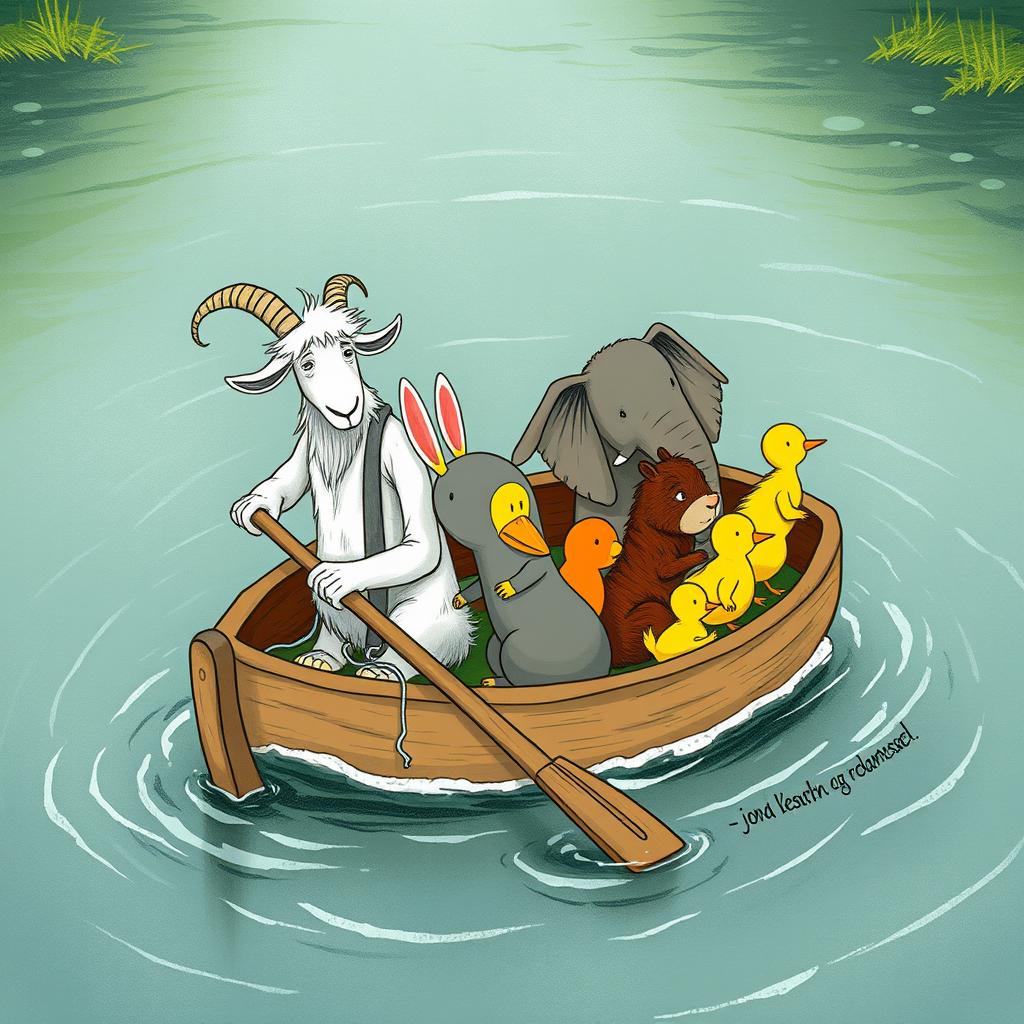 In the center of a river, an elderly white goat, sweating profusely, is rowing a small wooden boat