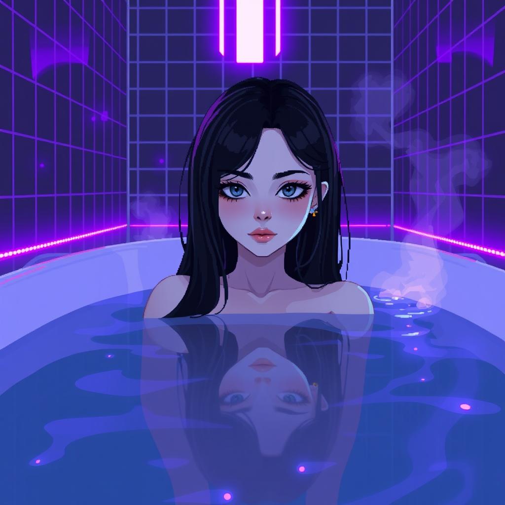 In a 64x64 pixel art style showcasing a captivating cyber-goth aesthetic, a pale goth adult girl with long black hair and gray eyes lies gracefully in a futuristic bathroom
