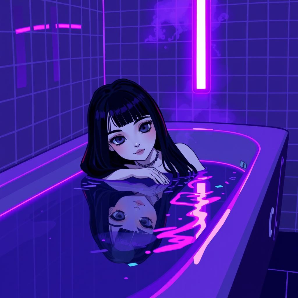 In a 64x64 pixel art style, showcasing a captivating cyber-goth aesthetic, a pale goth adult girl with long black hair and gray eyes lies gracefully in a futuristic bathroom