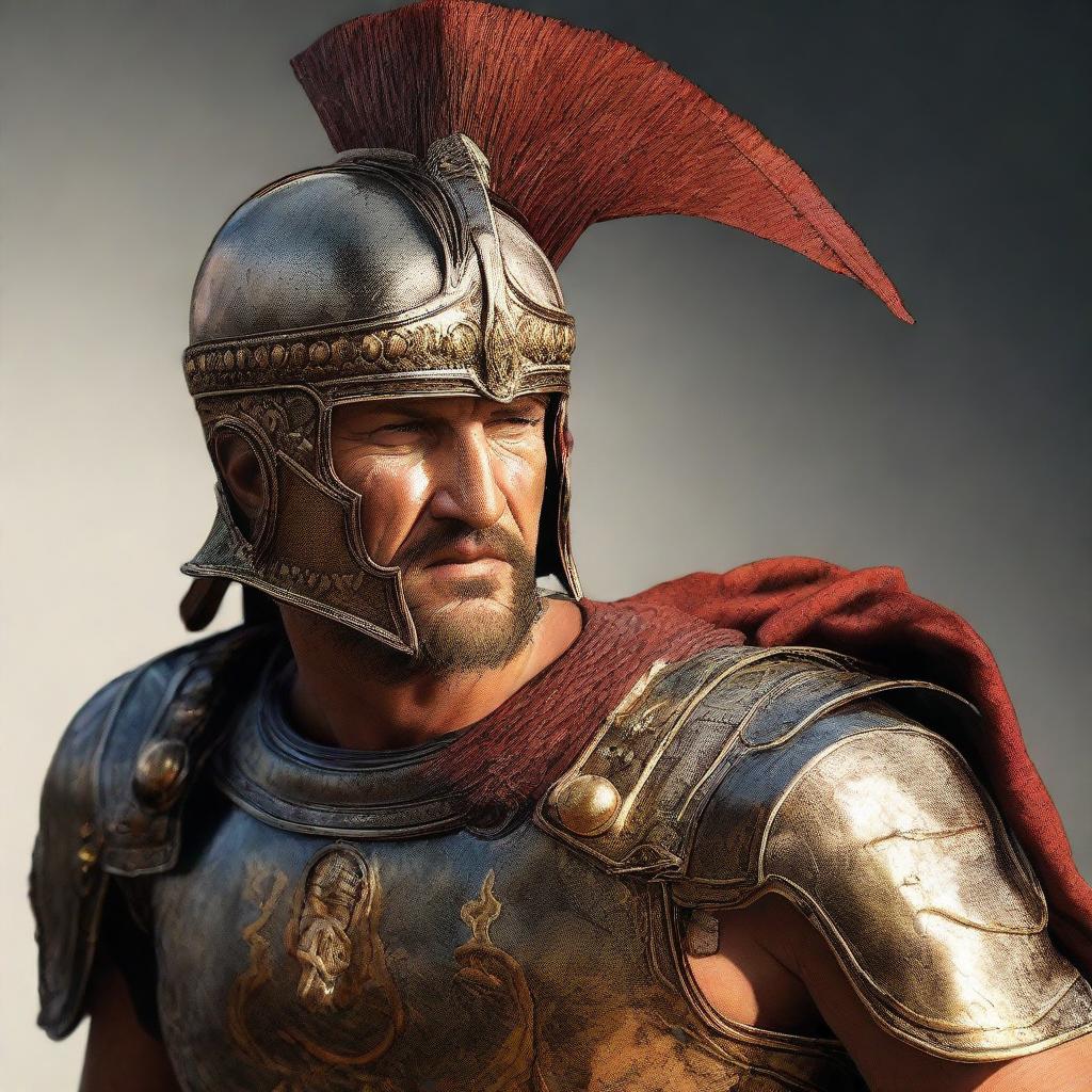 A hyper-realistic depiction of an Ancient Roman warrior mid-spit, displaying vivid details, textures, and authenticity of the period