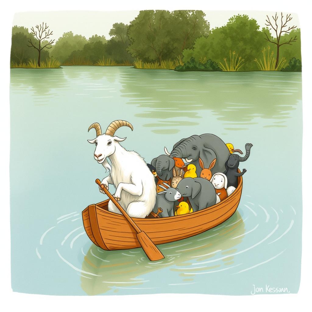 In the center of a river, an elderly white goat, sweating profusely, is rowing a small wooden boat