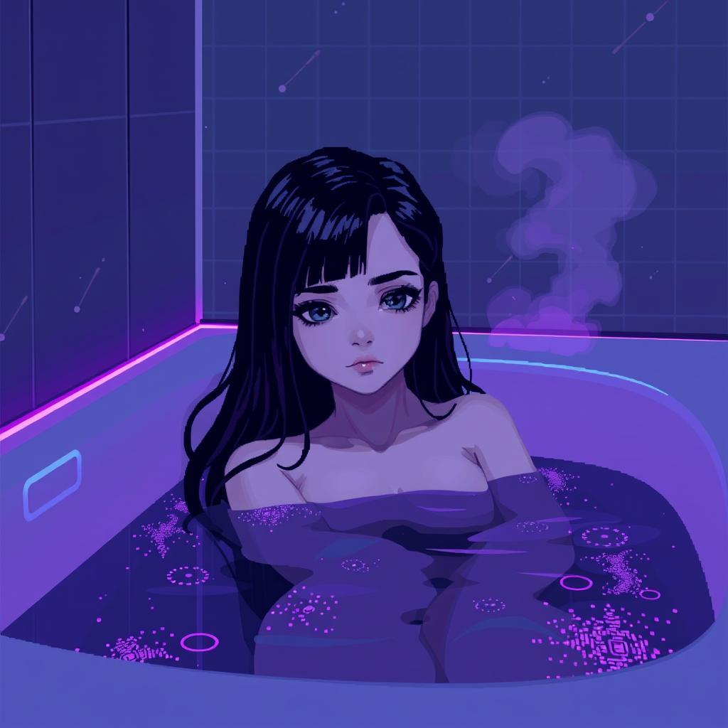 In a stunning 64x64 pixel art style that embodies a cyber-goth aesthetic, a pale goth adult girl with long black hair and striking gray eyes lies comfortably in a futuristic bathroom