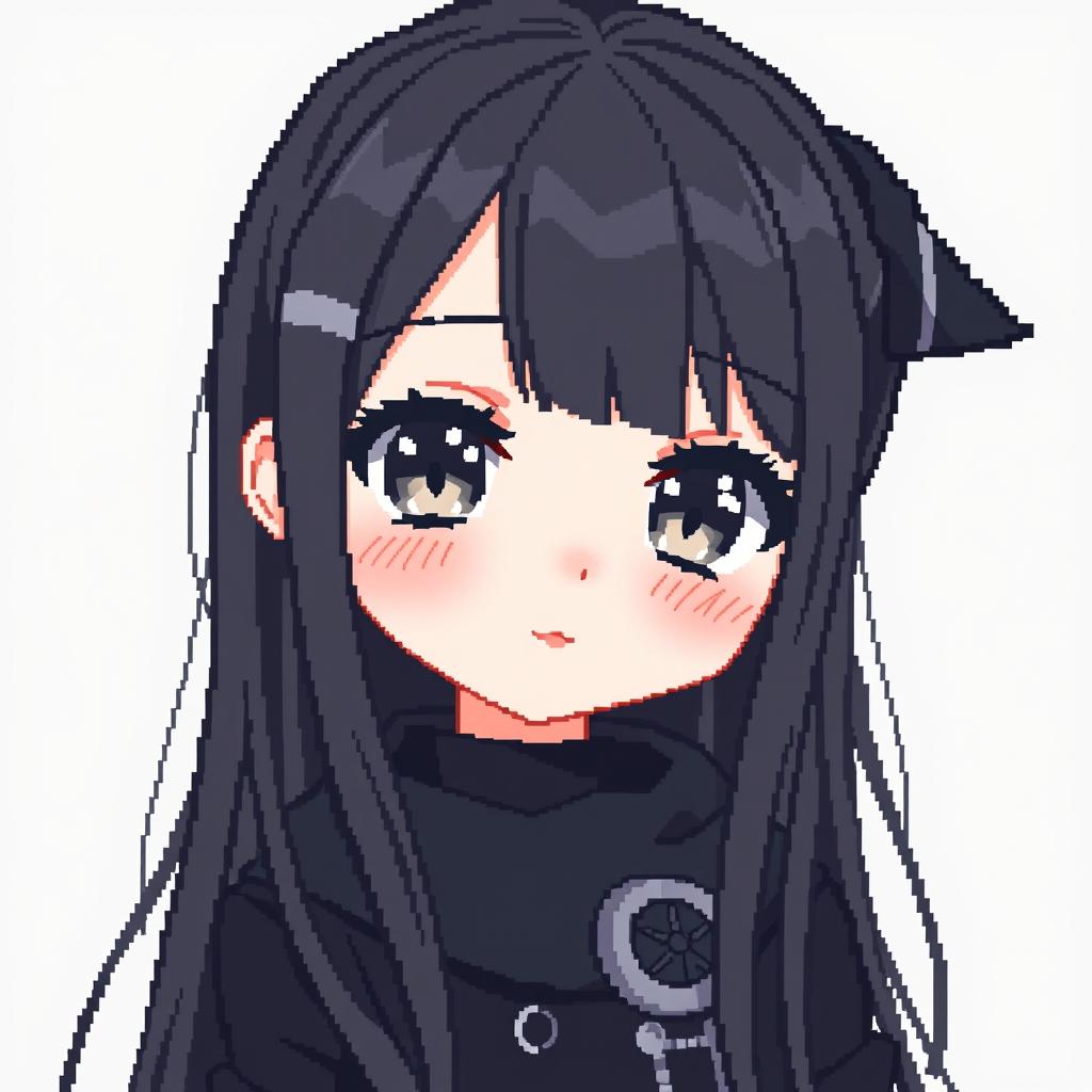 In a charming 64x64 pixel art style, a goth adult girl with long black hair and beautiful gray eyes gazes at the viewer with a warm and loving expression