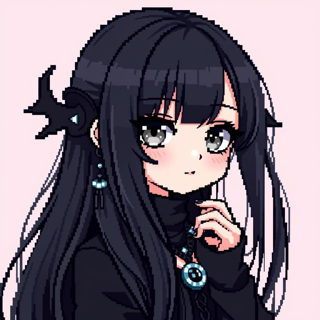 In a vibrant 64x64 pixel art style, an adult goth girl with long black hair and striking gray eyes gazes adorably at the viewer, exuding a sense of love and warmth