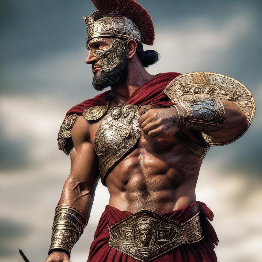 A hyper-realistic depiction of an Ancient Roman warrior mid-spit, displaying vivid details, textures, and authenticity of the period