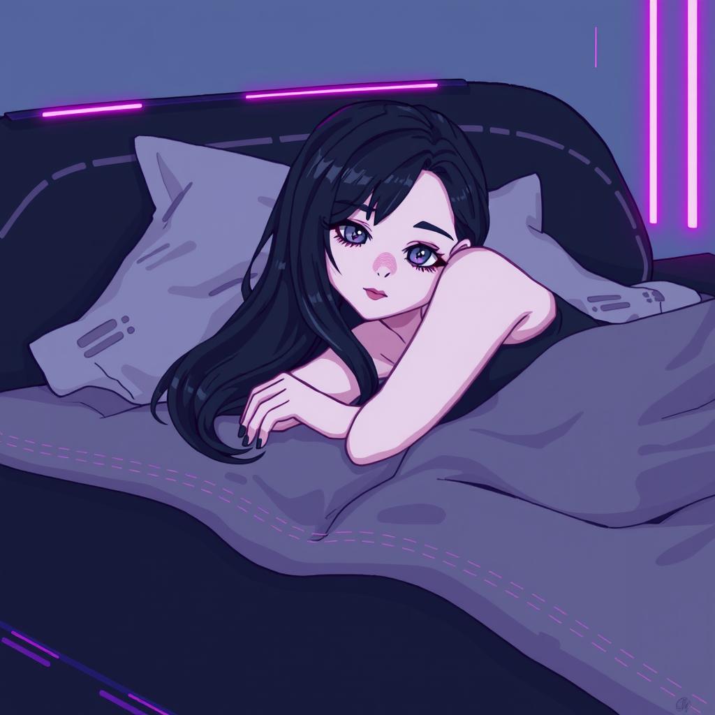 In an enchanting 64x64 pixel art style featuring a cyber-goth aesthetic, a pale adult goth girl with long black hair and soft gray eyes lies gracefully on a large, plush bed