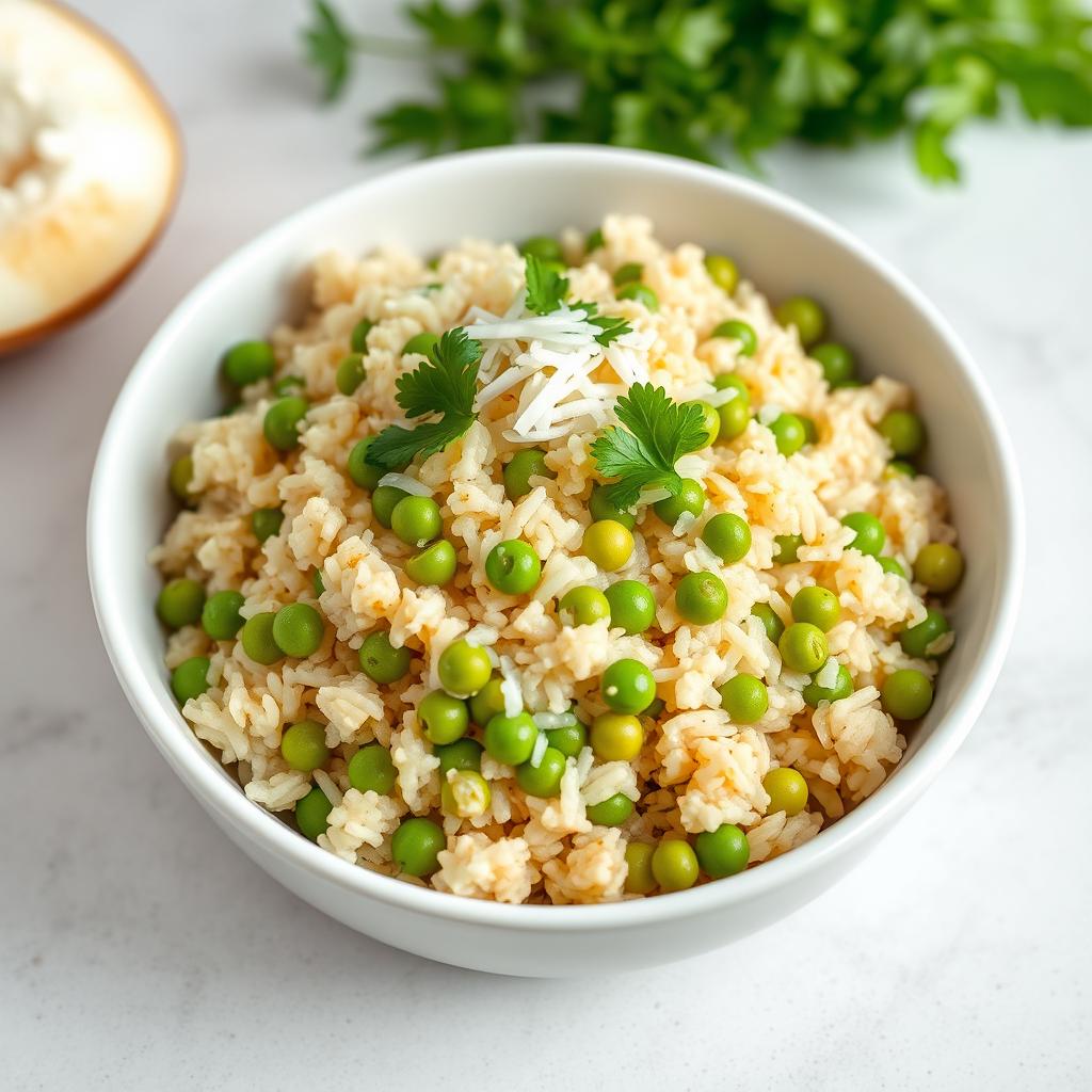 A complete view of a beautifully presented serving of moro de guandules with coconut, displayed in a pristine white dish