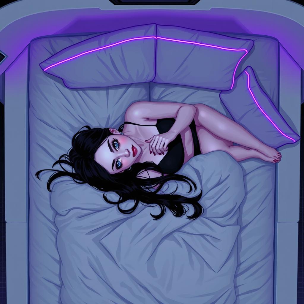A 64x64 pixel art image in a cyber-goth style, featuring a top-down POV from a ceiling camera showing an adult goth girl lying on a large, plush bed