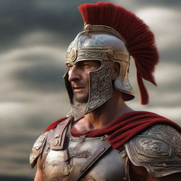 A hyper-realistic depiction of an Ancient Roman warrior mid-spit, displaying vivid details, textures, and authenticity of the period