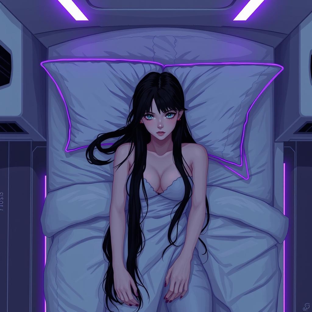 A 64x64 pixel art image in a cyber-goth style, depicting a top-down POV from a ceiling camera