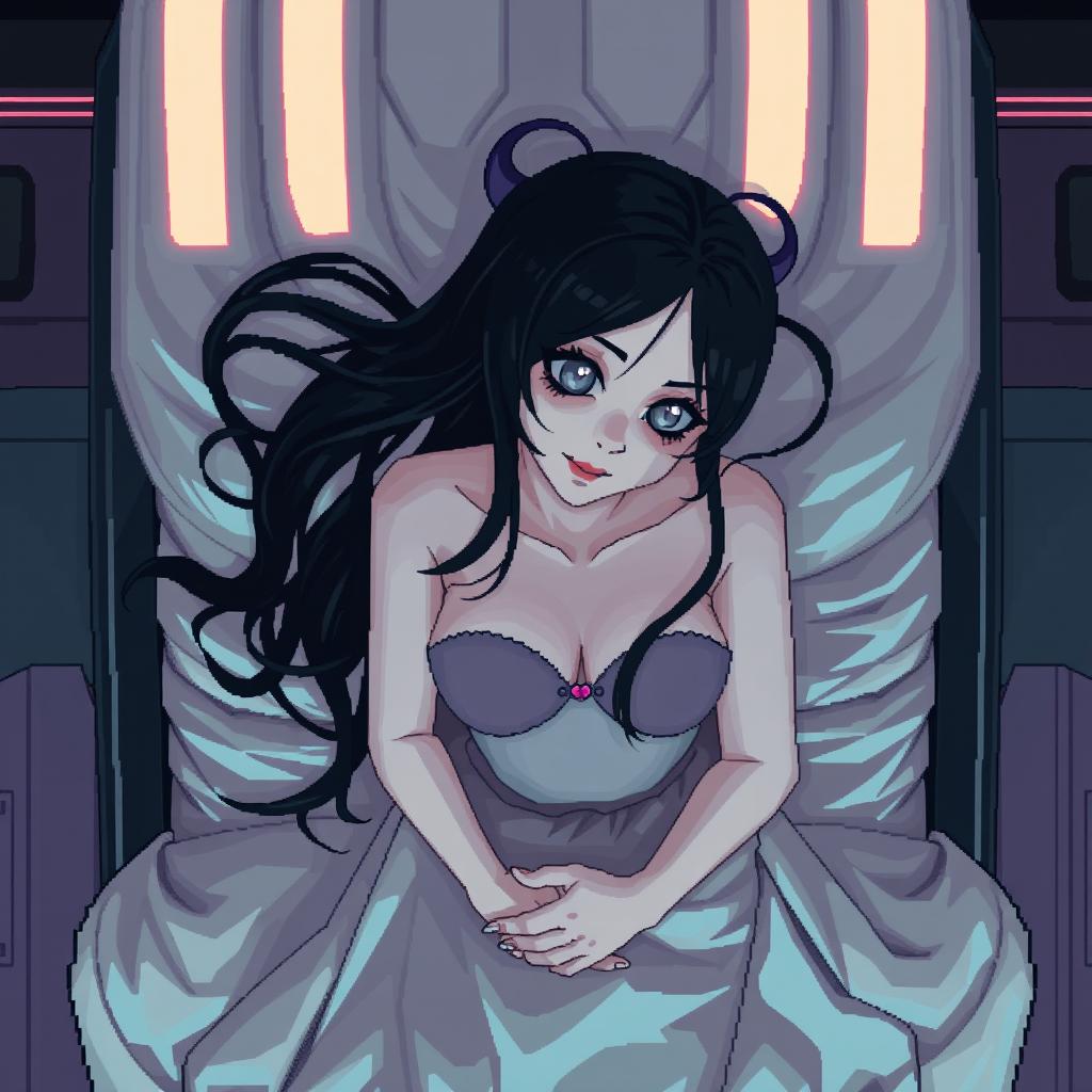 A 64x64 pixel art image in a cyber-goth style, showcasing a top-down POV from a ceiling camera