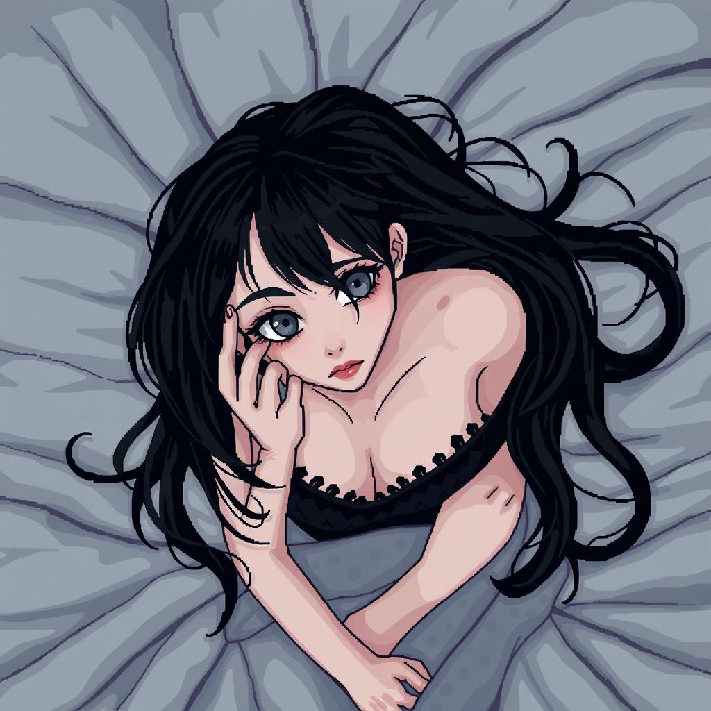 A 64x64 pixel art image in a cyber-goth style, showcasing a top-down POV looking down at an adult goth girl lying on a large, plush bed