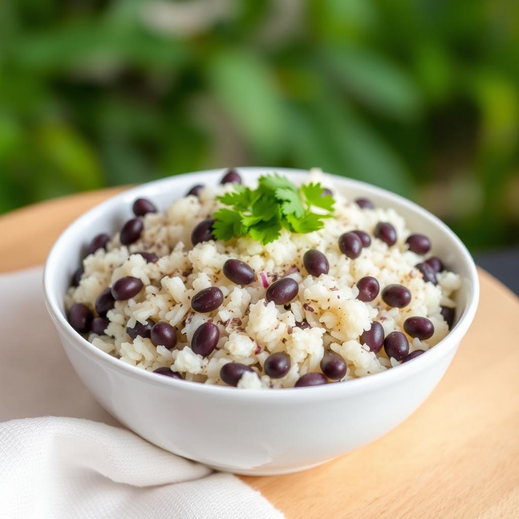 A complete view of a beautifully presented dish of moro de habichuelas negras (black bean rice) with coconut, elegantly served in a pristine white dish
