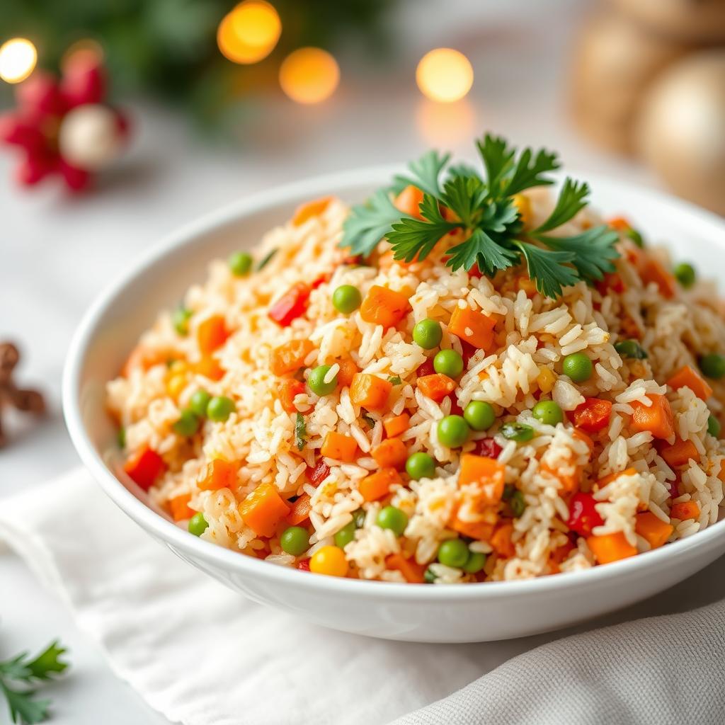 A complete serving of Dominican vegetarian Christmas rice (arroz navideño dominicano) presented in a beautiful white bowl