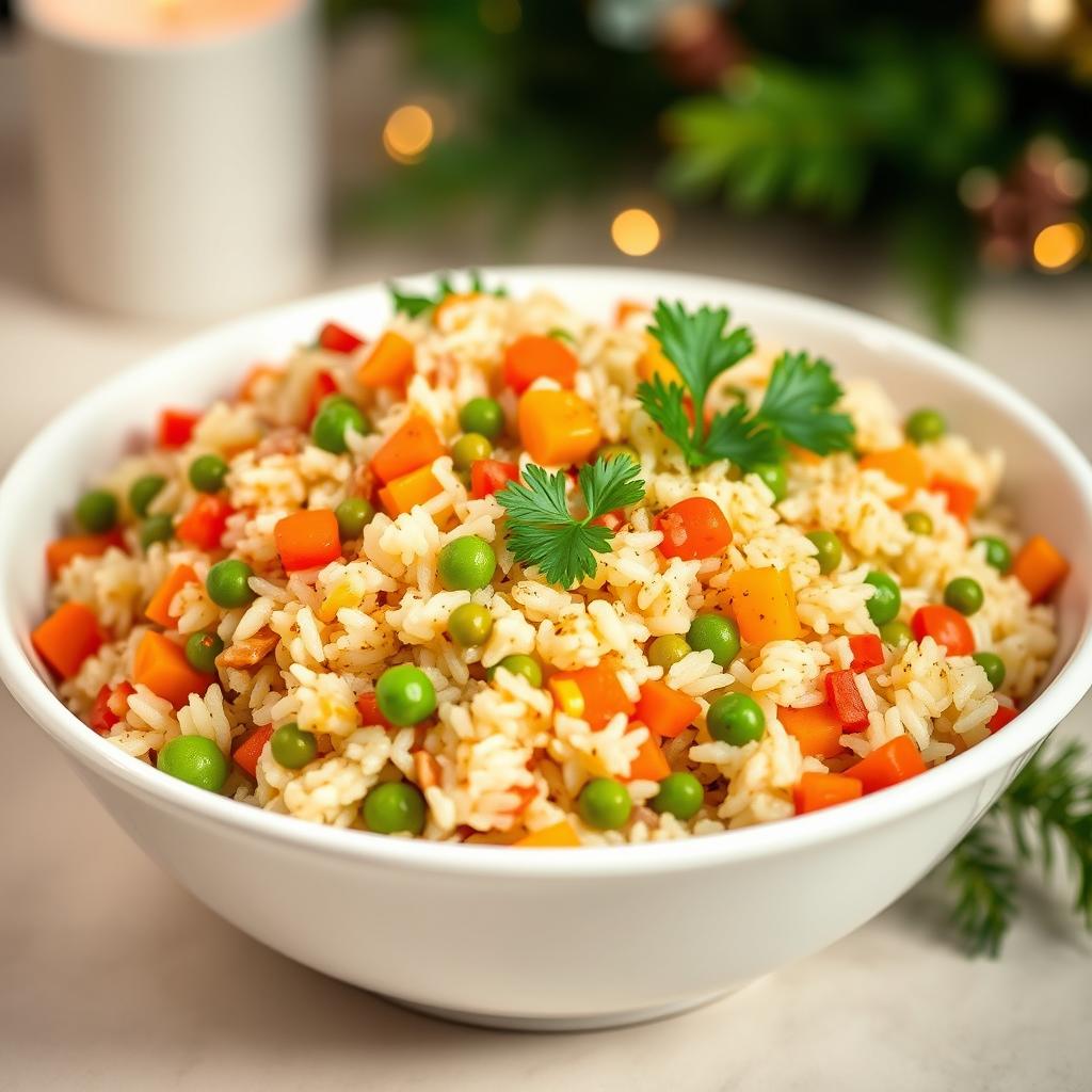 A complete serving of Dominican vegetarian Christmas rice (arroz navideño dominicano) beautifully presented in a white bowl