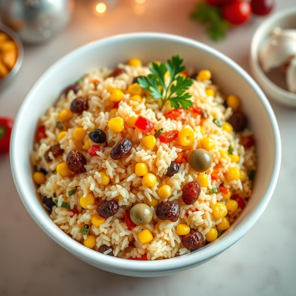 A complete serving of Dominican vegetarian Christmas rice (arroz navideño dominicano) beautifully displayed in a white bowl