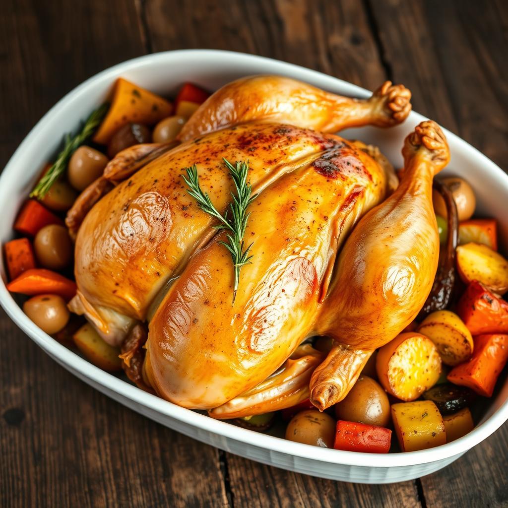 A whole roasted chicken presented beautifully in a white casserole dish