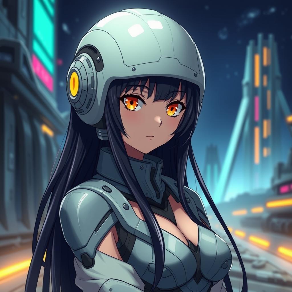 An anime lady with striking yellow eyes and long, sleek black hair