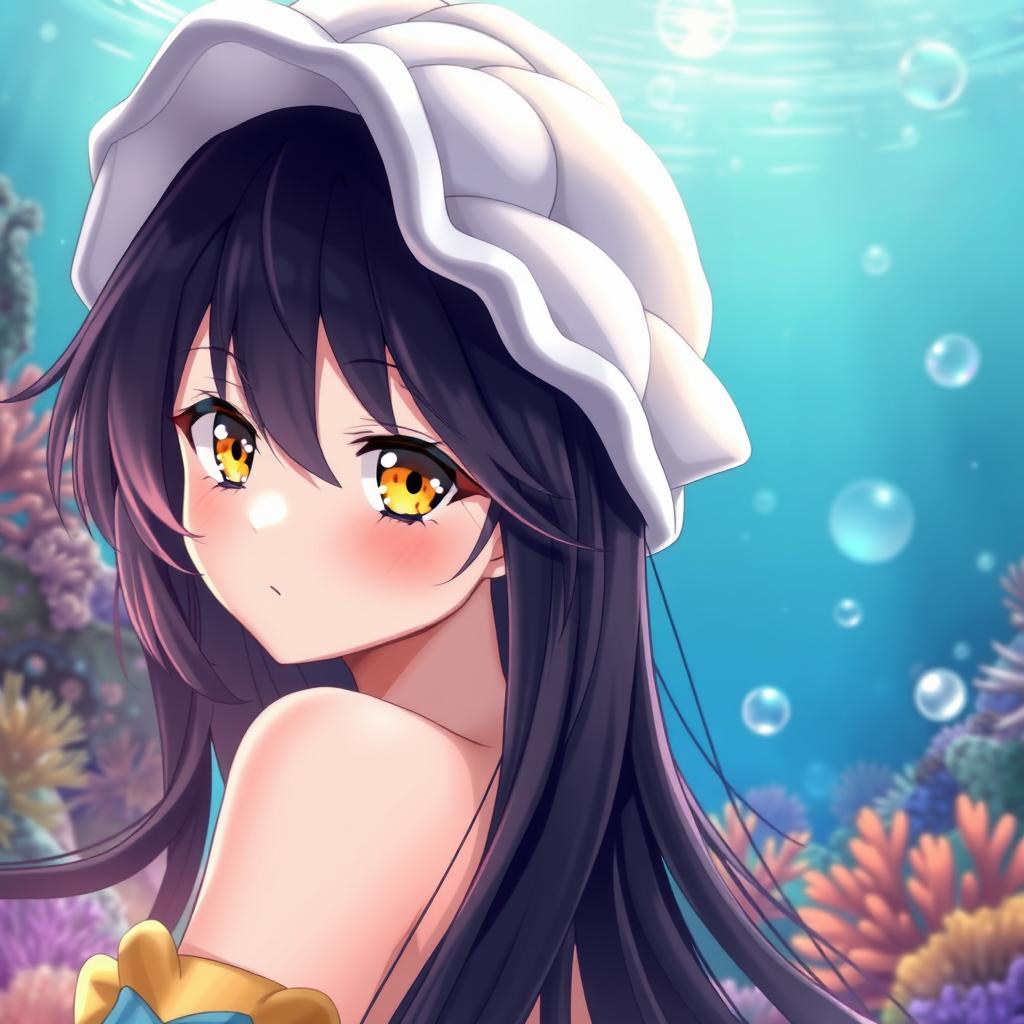 A stunning anime lady with vibrant yellow eyes and long, flowing black hair