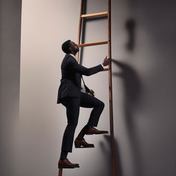 A confident black man in professional attire, climbing up a corporate ladder symbolizing progress and success