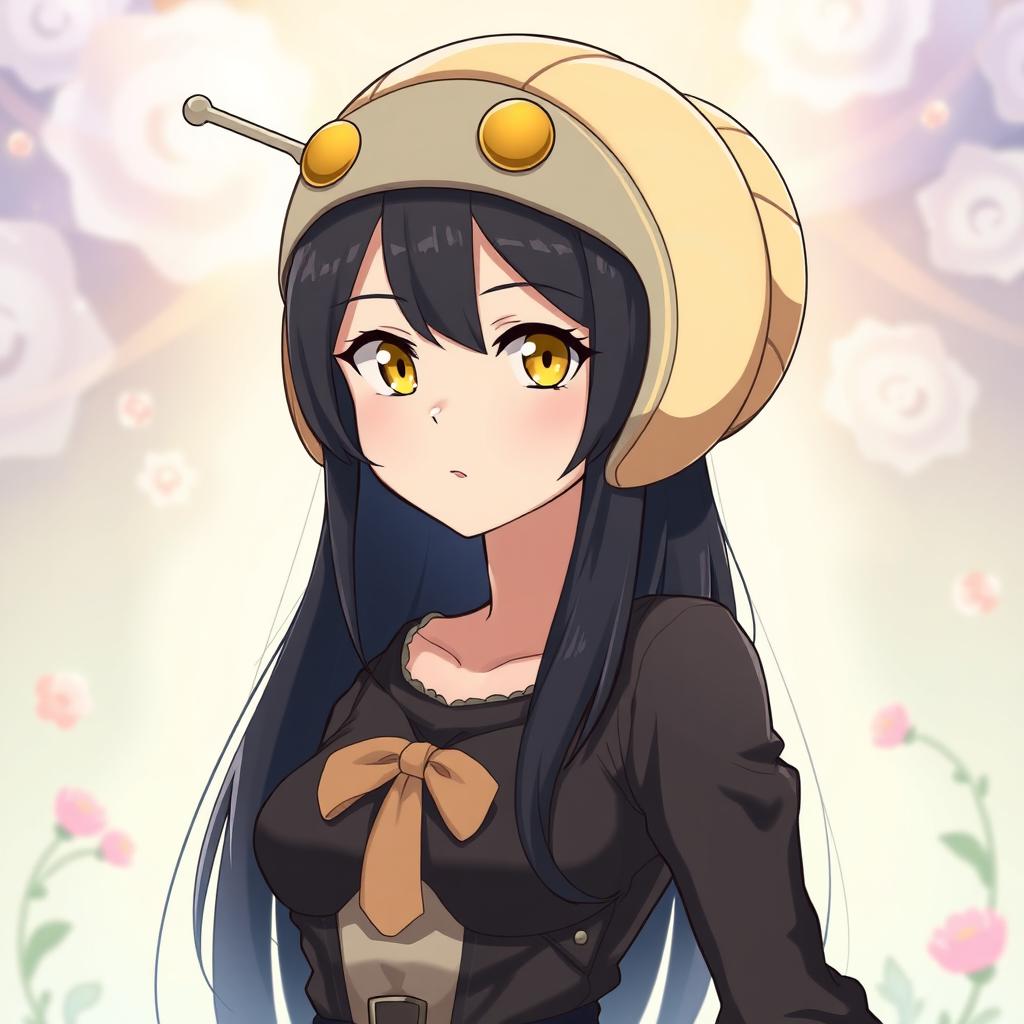 An anime lady with striking yellow eyes and sleek black shoulder-length hair, wearing a unique snail shell helmet that adds a fantastical element to her appearance