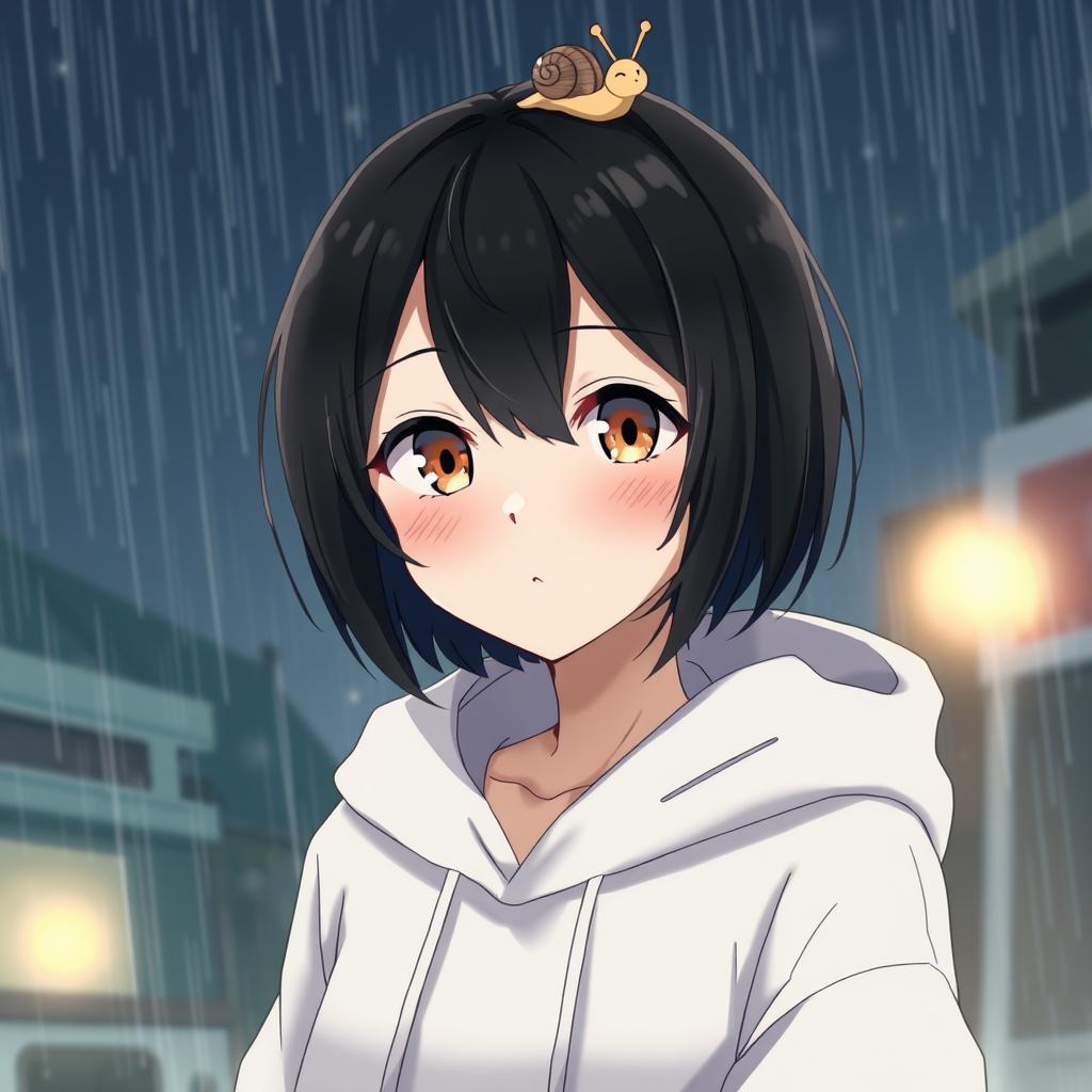 An anime lady with striking amber eyes and short black hair, wearing a cozy white hoodie