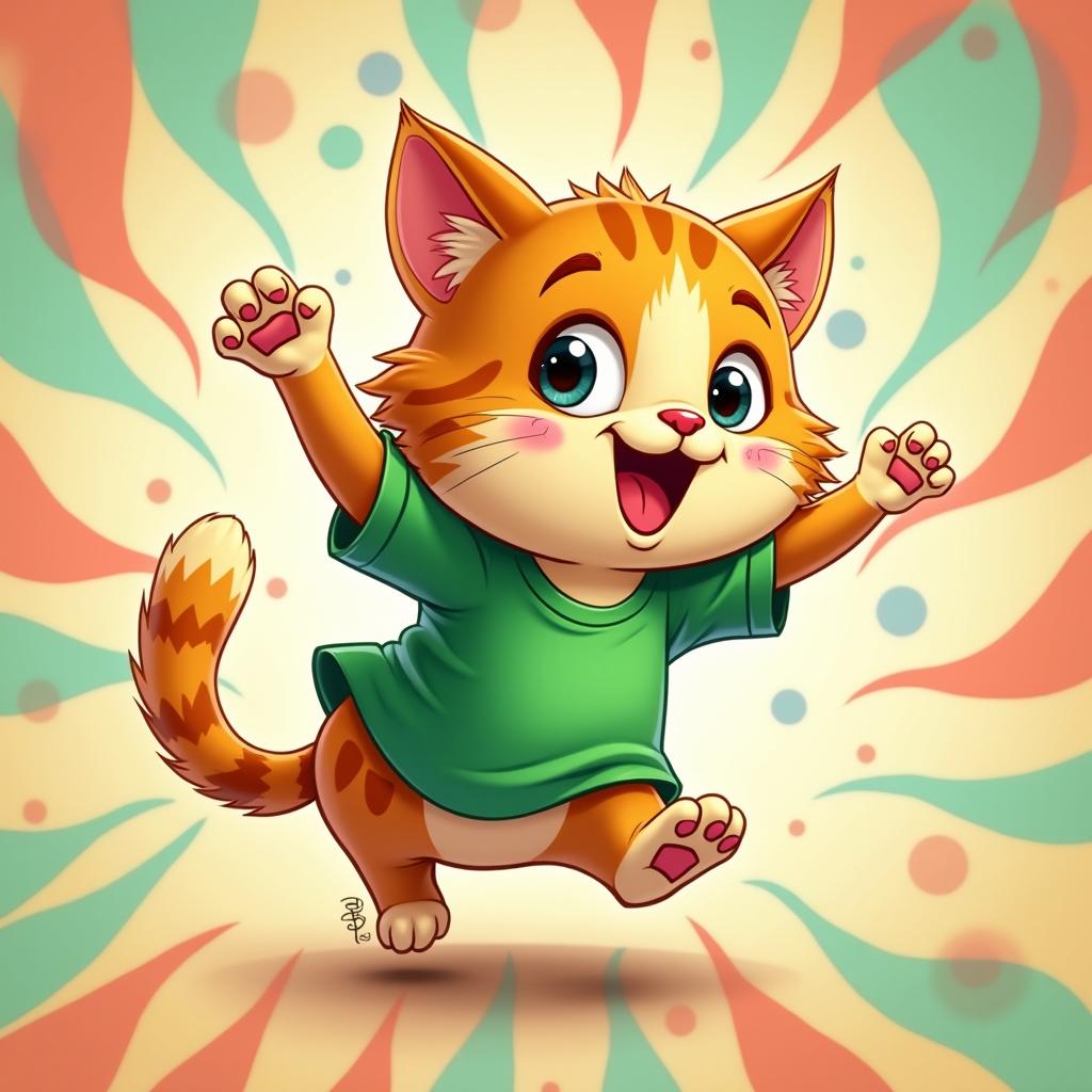A cartoon cat with a playful expression, featuring small eyes, spinning around joyfully