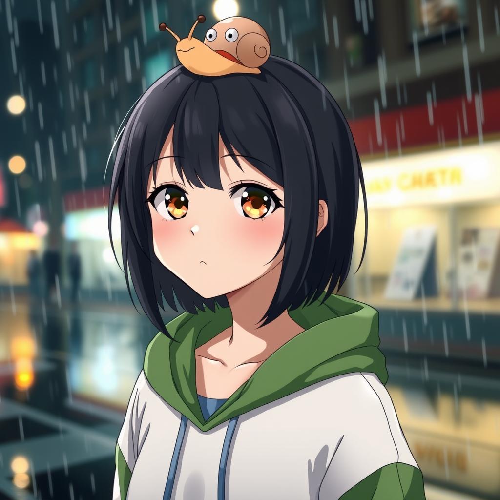 A stylized anime lady with striking amber eyes and short black hair, wearing a cozy white and green hoodie
