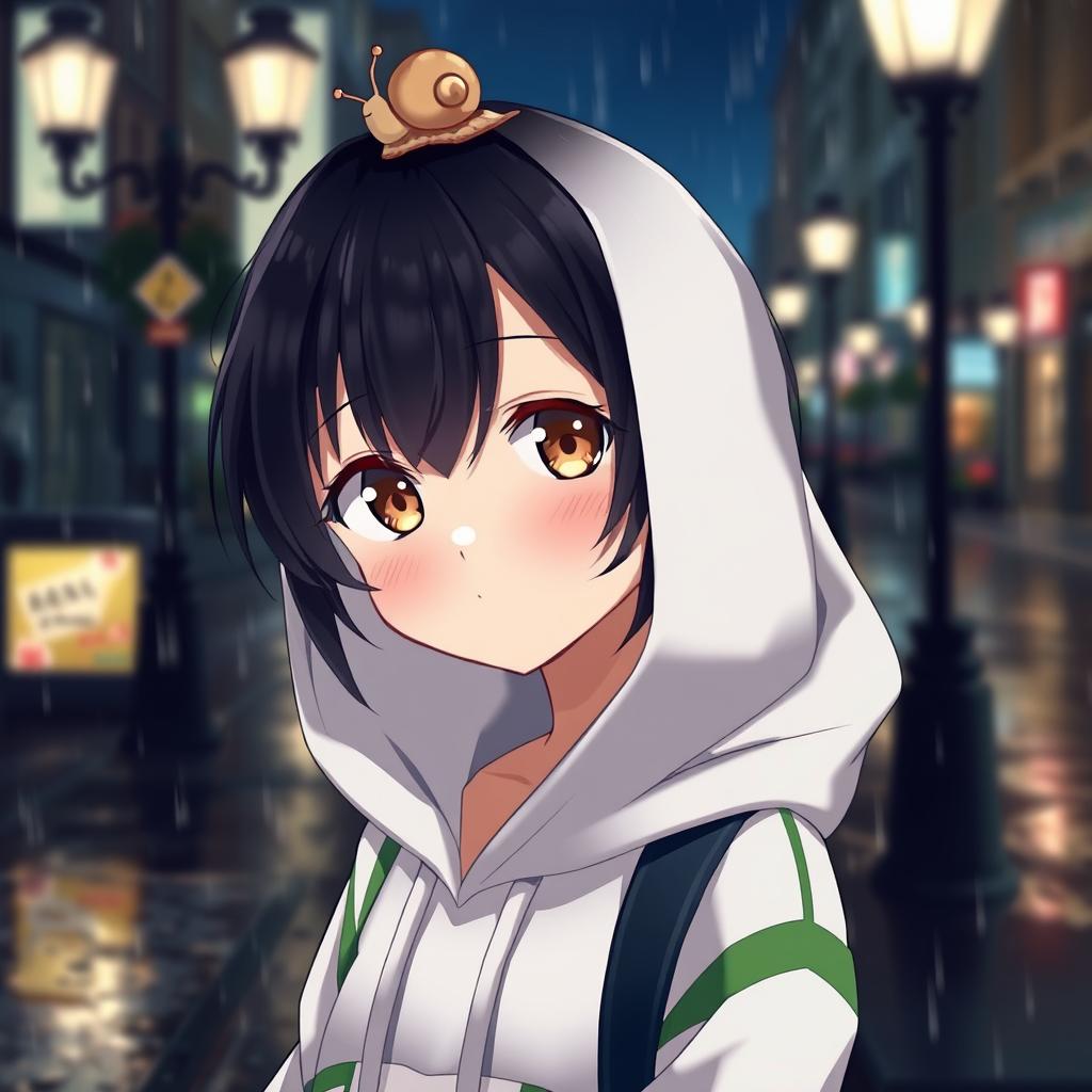 An anime girl with striking amber eyes and short black hair, wearing a cozy white and green hoodie