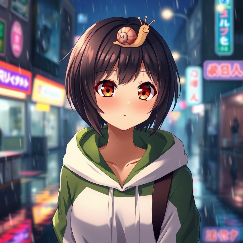 An anime lady with striking amber eyes and short black hair, wearing a stylish white and green hoodie