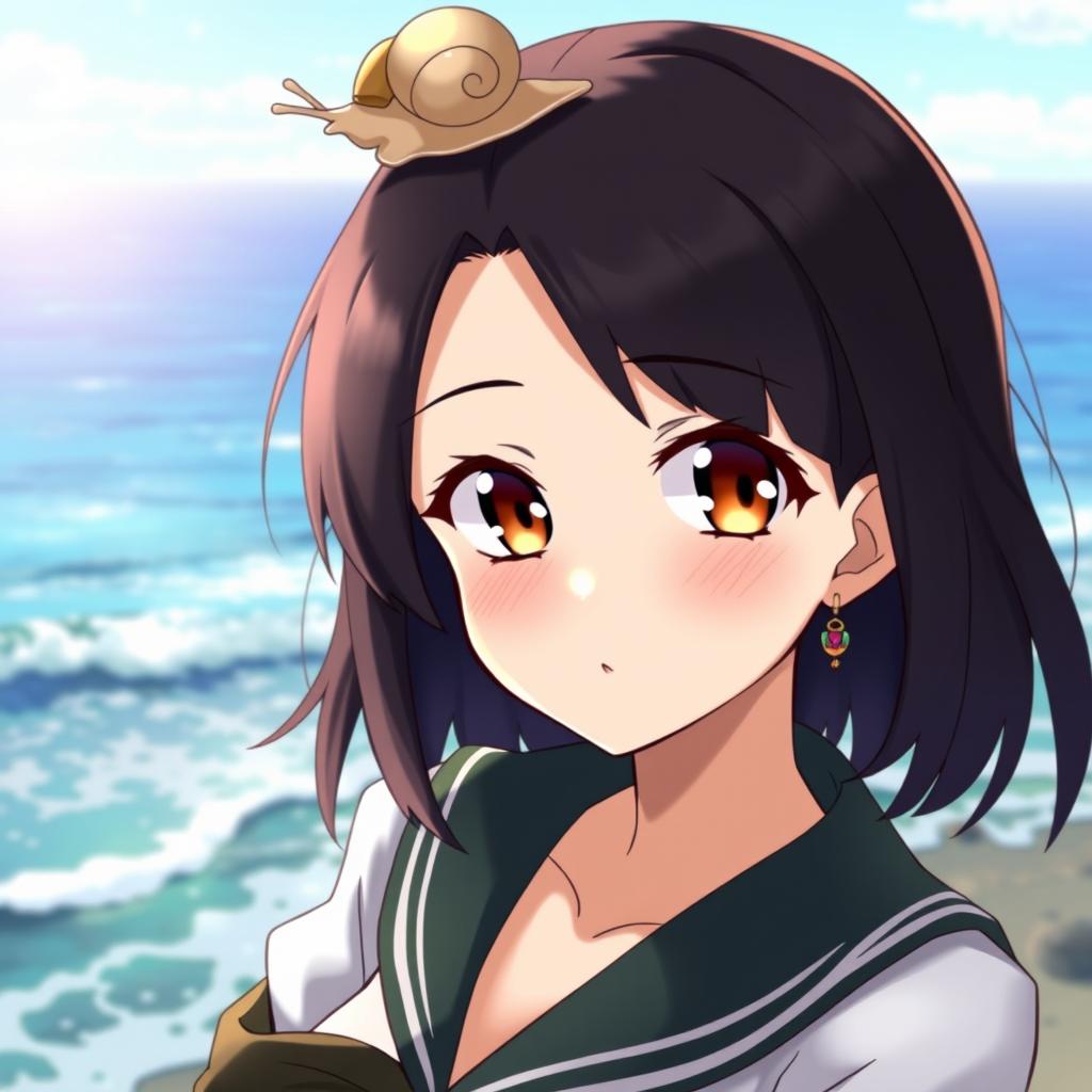 An anime lady with captivating amber eyes and short black hair
