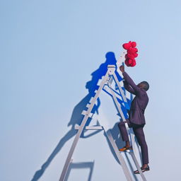 A confident black man in professional attire, climbing up a corporate ladder symbolizing progress and success