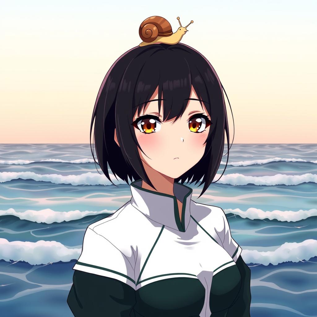 An anime lady with striking amber eyes and sleek black short hair, wearing a stylish outfit featuring a blend of white and dark green colors