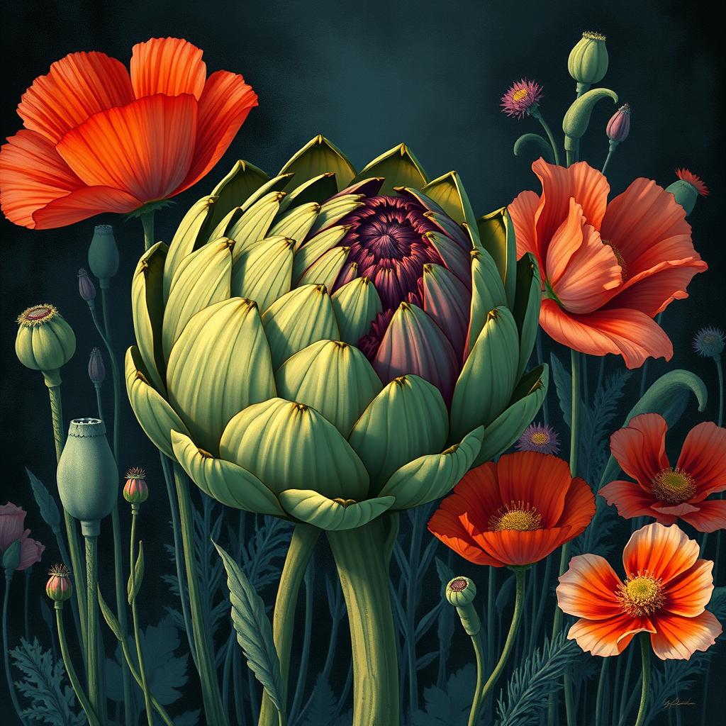 An illustration depicting a fusion between an artichoke flower and a poppy flower, symbolizing the death of the heart of the artichoke