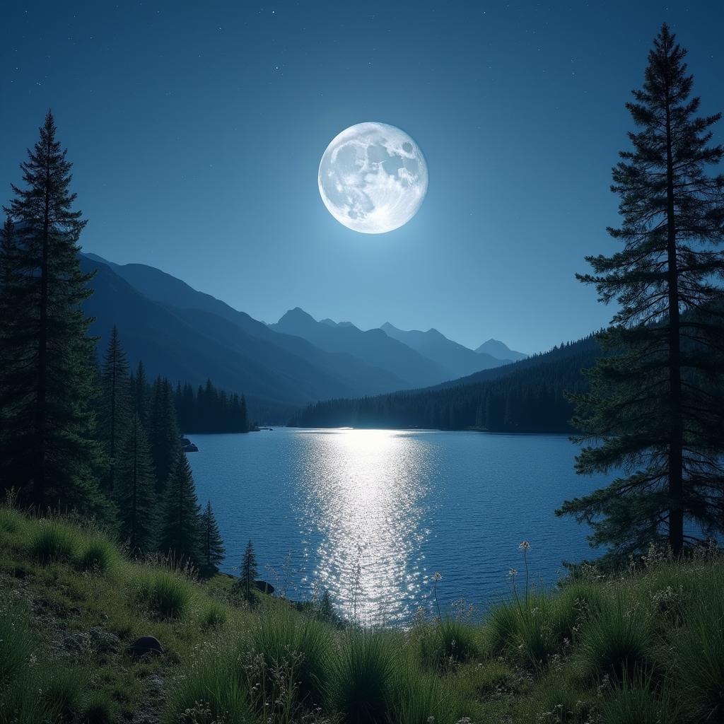 A stunning landscape featuring a full moon beaming brightly in a clear night sky, illuminating a tranquil lake surrounded by lush pine trees