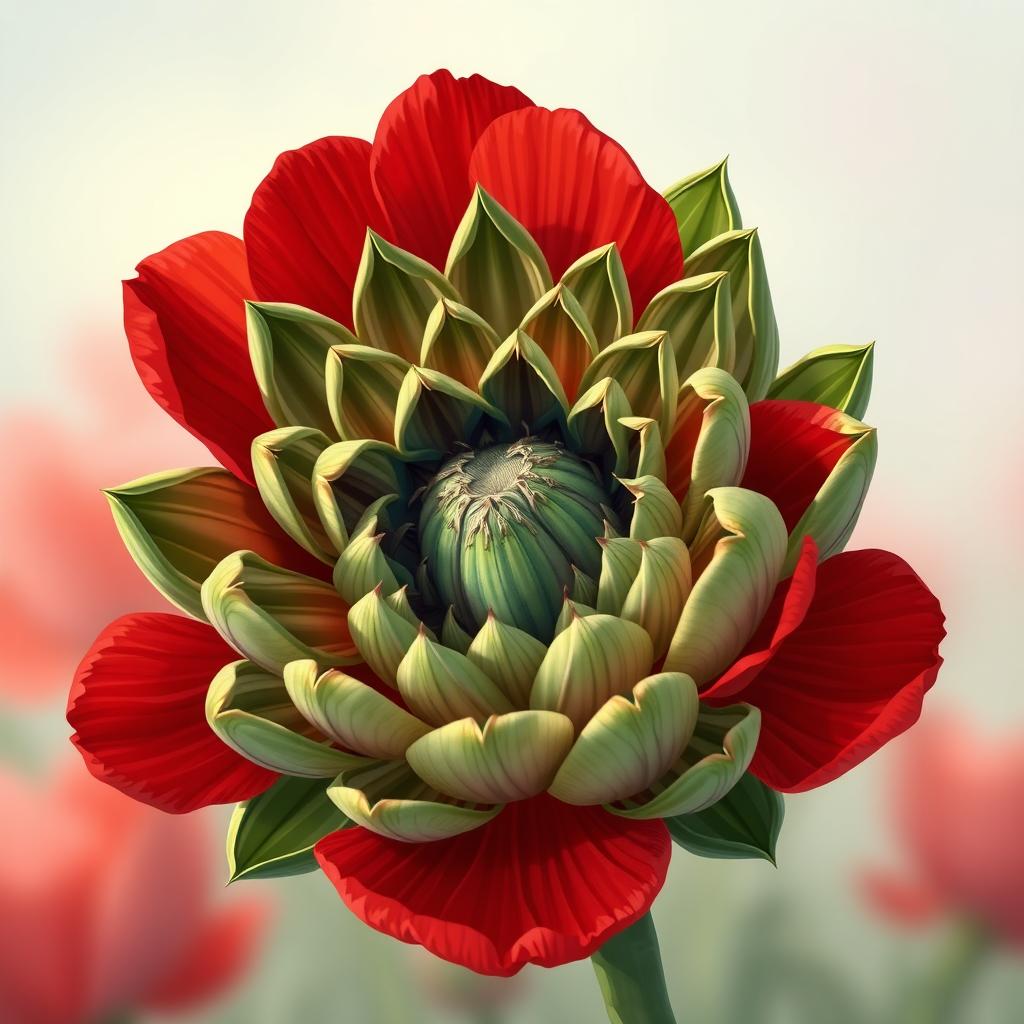 An illustration depicting a fusion between an artichoke flower and a poppy flower, symbolizing the death of the heart of the artichoke