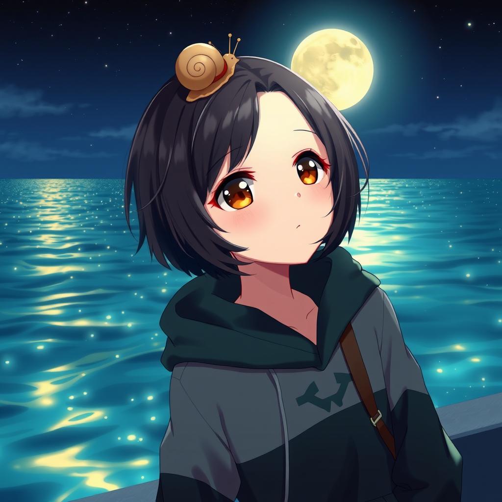 An anime-style lady with striking amber eyes and short black hair, wearing a stylish grey and dark green hoodie
