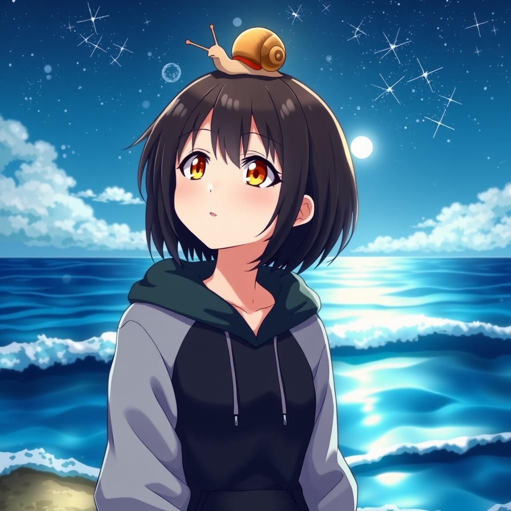 An anime lady with striking amber eyes and short black hair, wearing a stylish grey and dark green hoodie