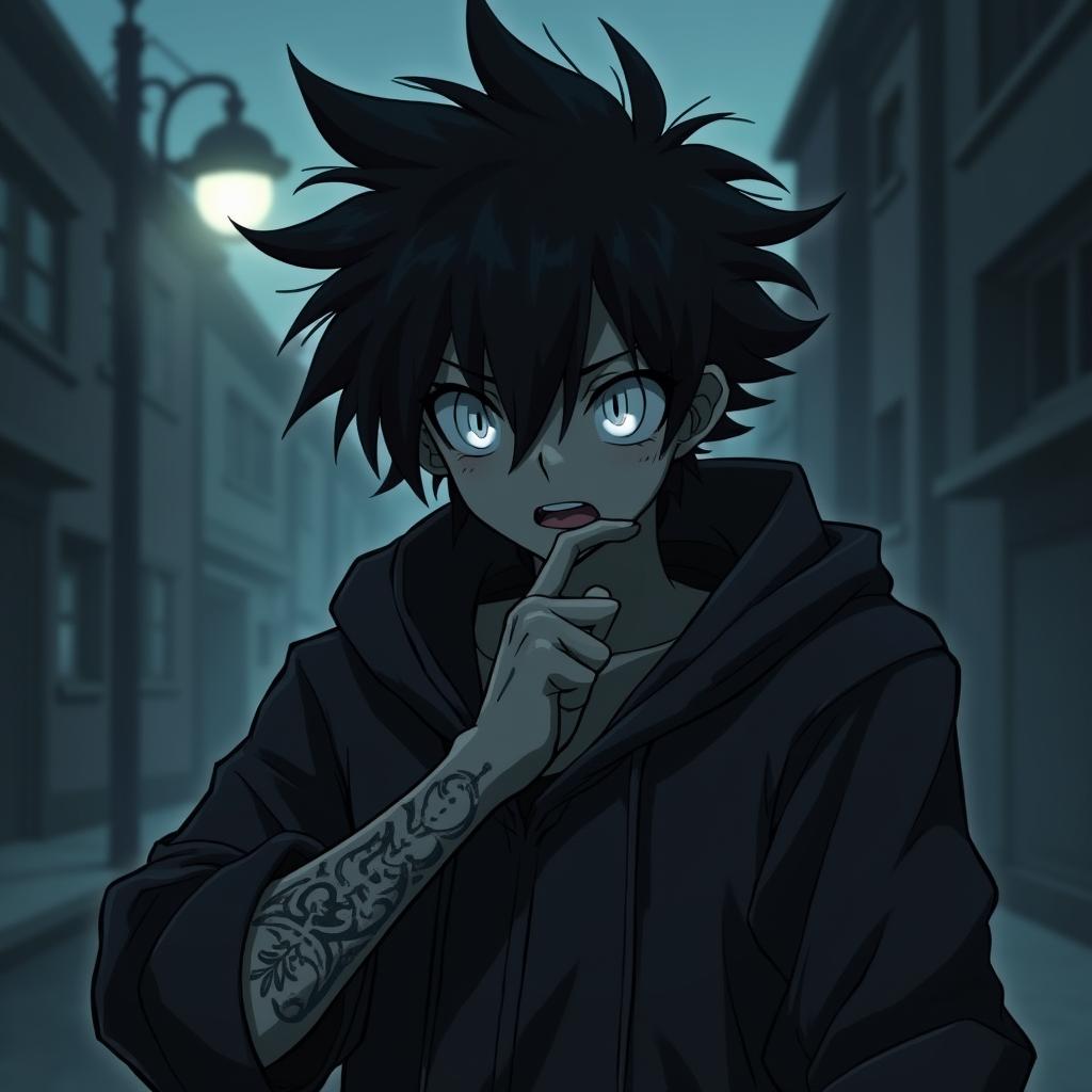A dark-themed anime character with a wild, crazy expression, featuring unkempt hair and sharp, intense eyes