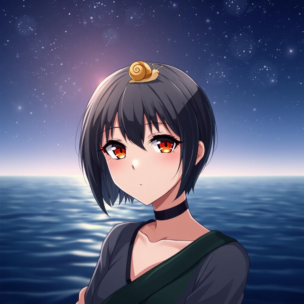 A stunning anime lady with striking amber eyes and sleek black short hair, elegantly dressed in a blend of grey and dark green clothing that showcases her unique style