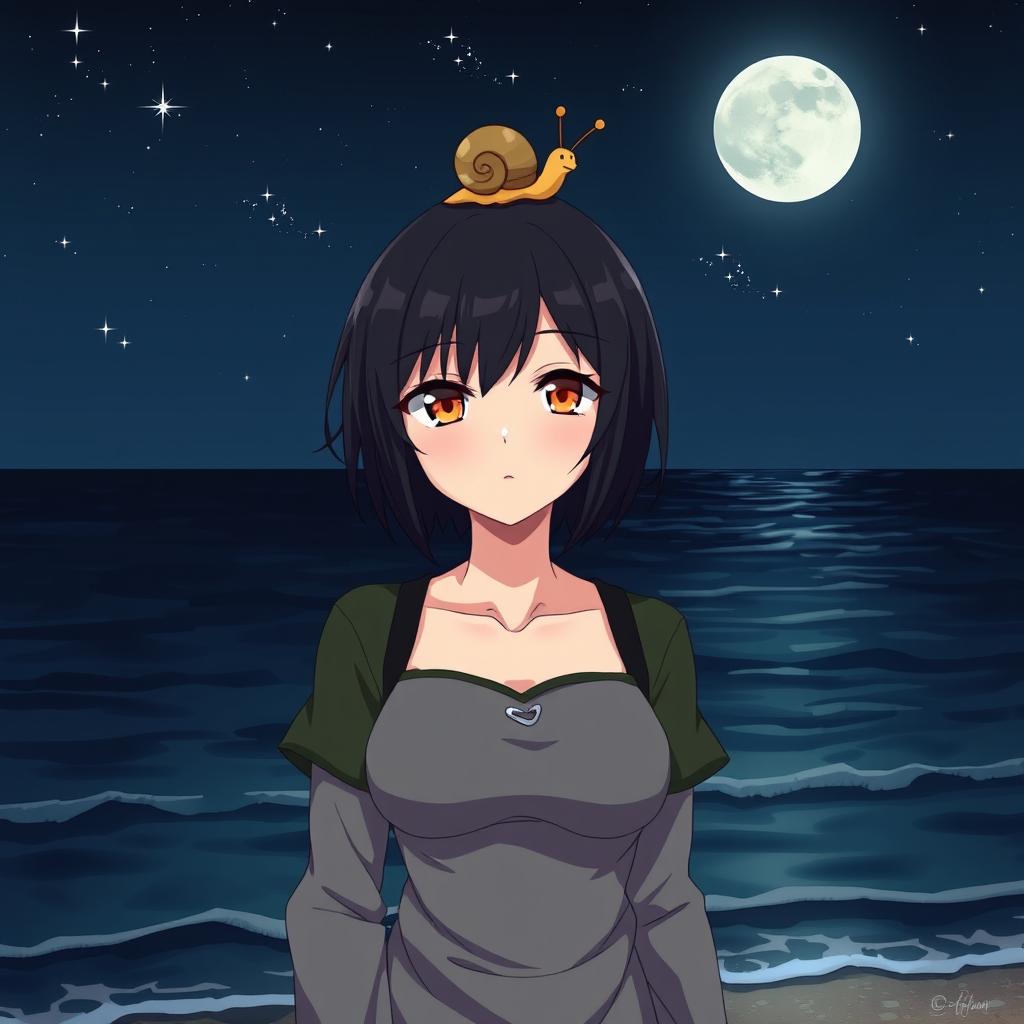 An anime lady with striking amber eyes and short black hair stands confidently in the foreground, dressed in stylish grey and dark green clothing that complements her figure