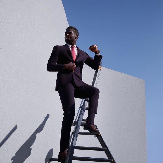 A confident black man in professional attire, climbing up a corporate ladder symbolizing progress and success