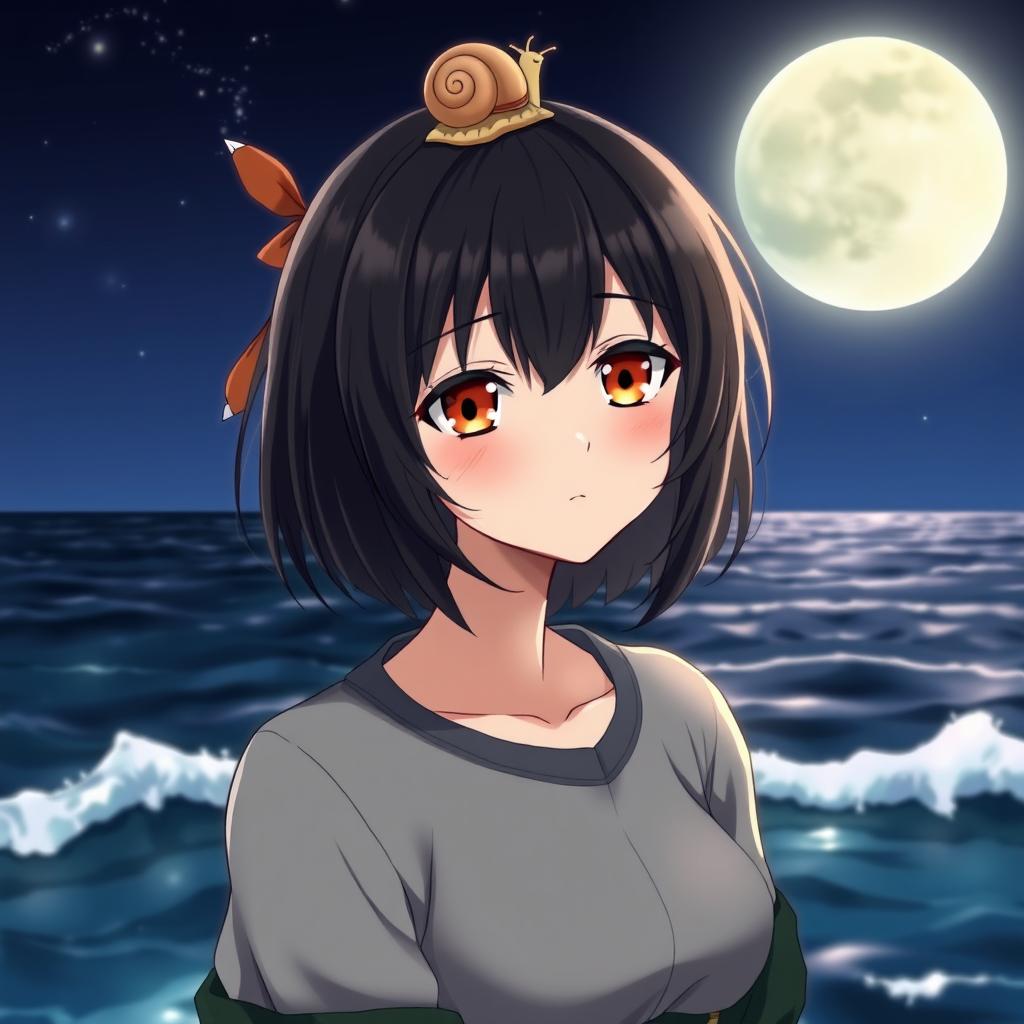 A beautiful anime lady with striking amber eyes and short black hair, dressed in stylish grey and dark green clothing