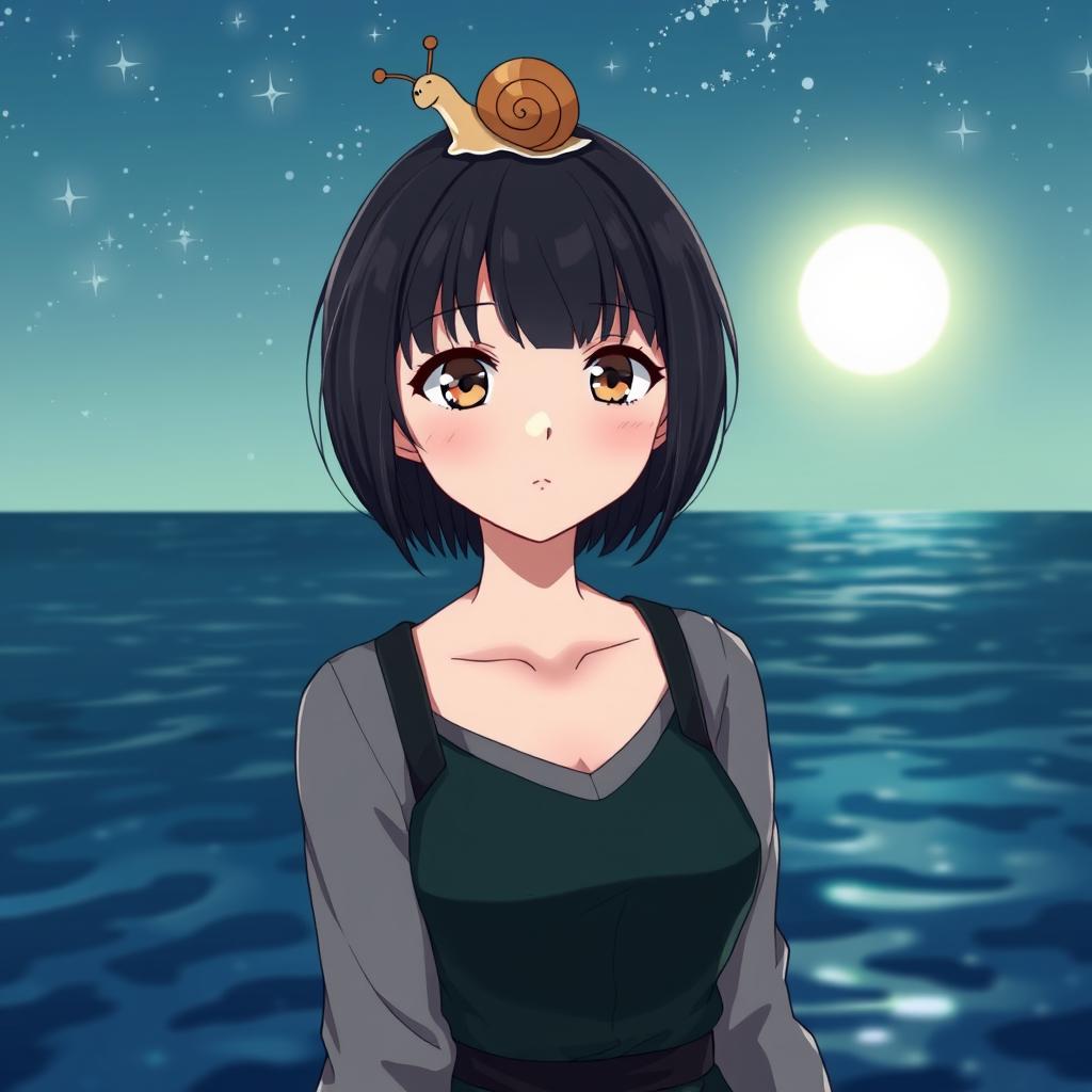 An anime lady standing against a nighttime ocean backdrop, featuring sparkling stars and a soft moonlight reflection on the water