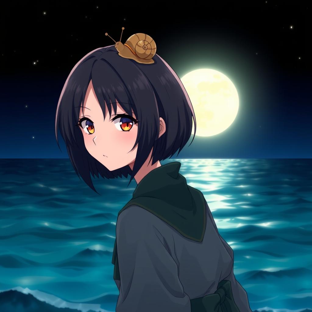 An anime lady with striking amber eyes and short, black hair, dressed in stylish grey and dark green clothing