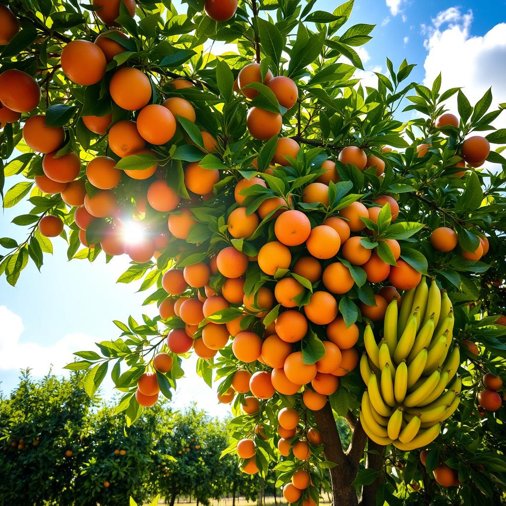 A lush fruit tree bursting with colorful ripe fruits, vividly detailed leaves, and a clear blue sky in the background